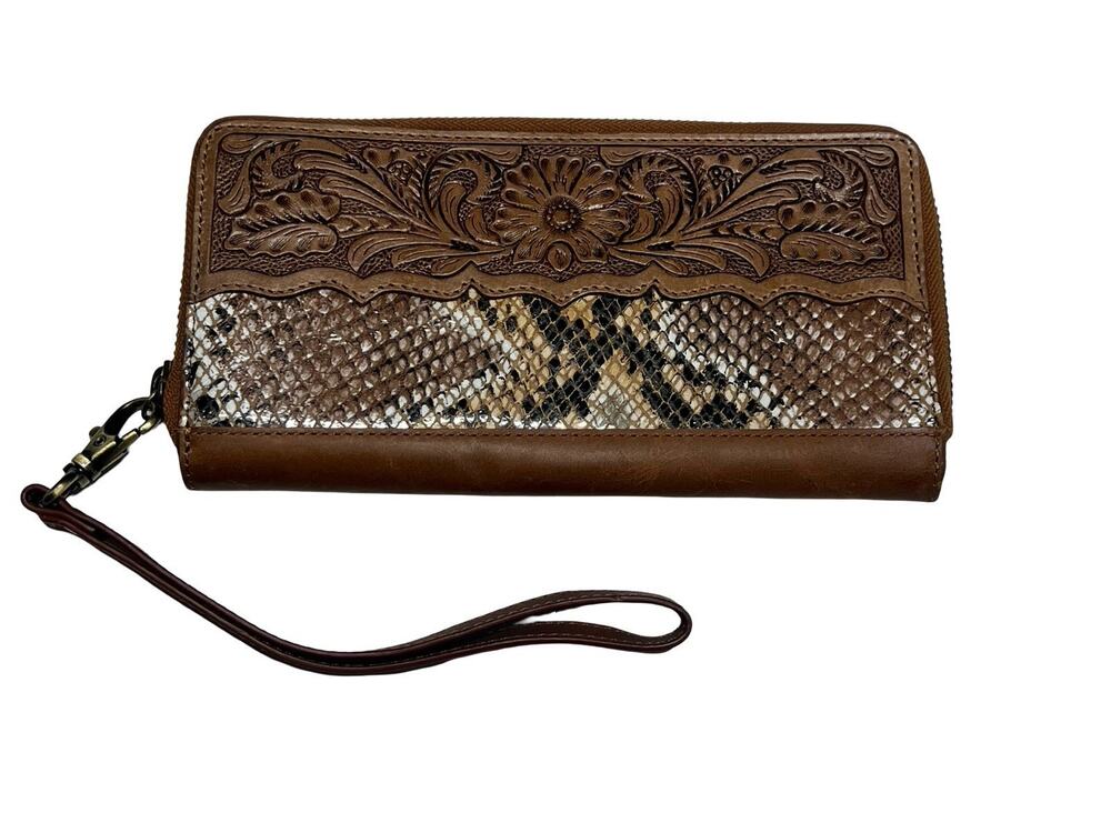 Shyanne Western Brown Tooled Snake Print Leather Wallet Wristlet Zip Around
